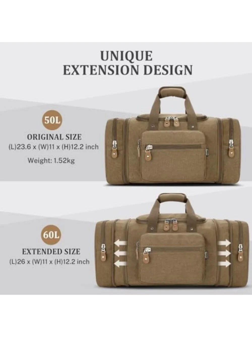 Expandable 60L Canvas Duffle Bag - Stylish Travel Overnight Weekender Tote